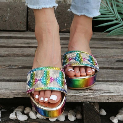 B251 Thick-soled Rhinestone Colorful Beach Slippers