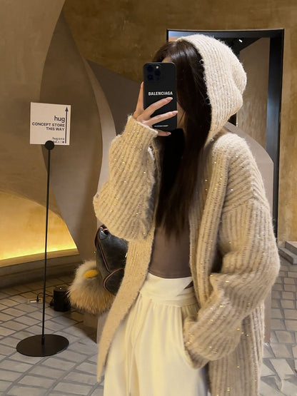 Sequined Loose Hooded Knit Coat