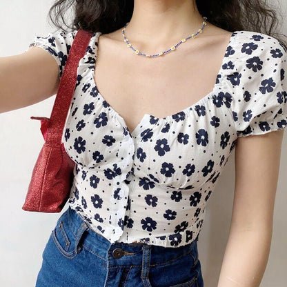 Floral U-neck Short Sleeves