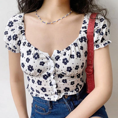 Floral U-neck Short Sleeves