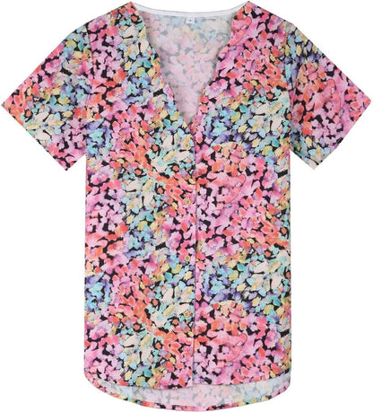 Pink And Blue Flower Paradise Short Sleeve Blouse Top
